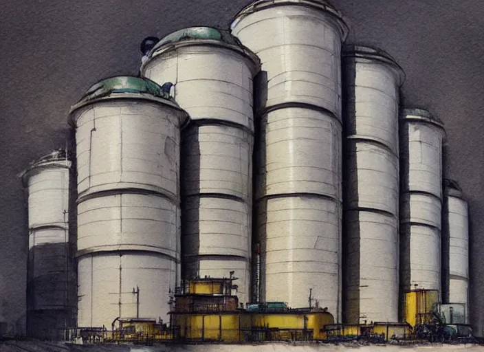 Image similar to concept art of a industrial complex silos, pinterest, artstation trending, behance, watercolor, by coby whitmore, silver, laser light,