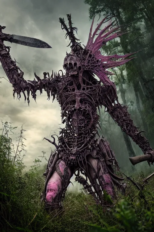 Image similar to post - gothic giant banshee, exoskeleton armor, attacking with axe, dystopian ruins covered in vegetation, highly detailed smooth digital art masterpiece, vitaly bulgarov giger dramatic pink light, ground angle hd 8 k, sharp focus