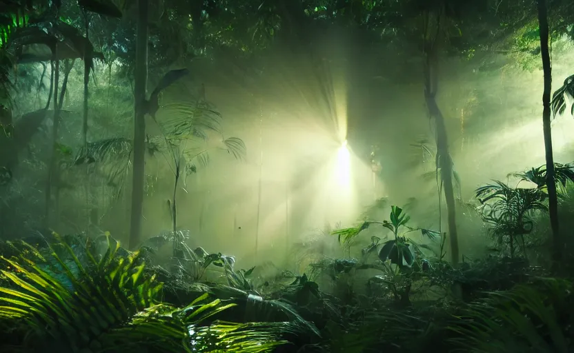 Image similar to a beautiful render of a dark prehistoric rainforest, lush flora, insects flying around, patches of green - orange sky, intricate detail, god rays, hazy, humid, volumetric lighting, 8 k, photorealistic, raytracing effects, unreal engine 5