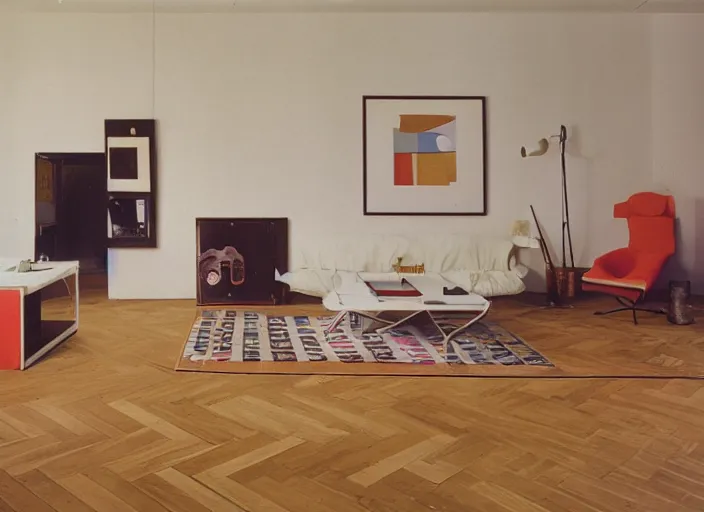 Prompt: 3 5 mm photogaphy of a living room with parquet floor by memphis group