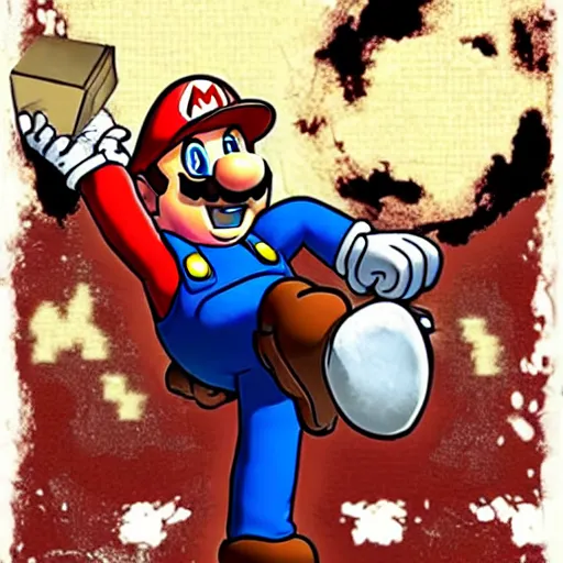 Image similar to super mario in resident evil 4 fighting zombies