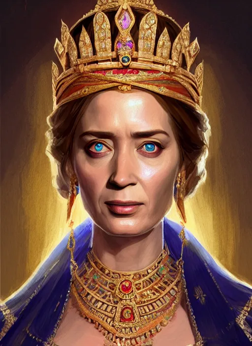 Prompt: portrait of emily blunt as indian queen, jewelry, greek, sapphire, victorian age, 1 8 9 0, intricate, headshot, key visual, conceptart, ambient lighting, highly detailed, digital painting, artstation, concept art, sharp focus, by makoto shinkai and akihiko yoshida and greg manchess