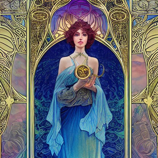 Image similar to god, highly detailed, very intricate, art nouveau, gold filigree, soft cinematic lighting, award winning, tarot concept art watercolor illustration by mandy jurgens and alphonse mucha and alena aenami, pastel color palette, featured on artstation