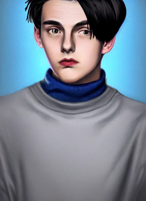 Image similar to portrait of teenage jughead jones wearing a light grey crown, crown, blue turtleneck, 1 9 5 0 s, closed eyes, photorealistic, black hair, glowing lighting, intricate, elegant, glowing lights, highly detailed, digital painting, artstation, concept art, smooth, sharp focus, illustration, art by wlop, mars ravelo and greg rutkowski