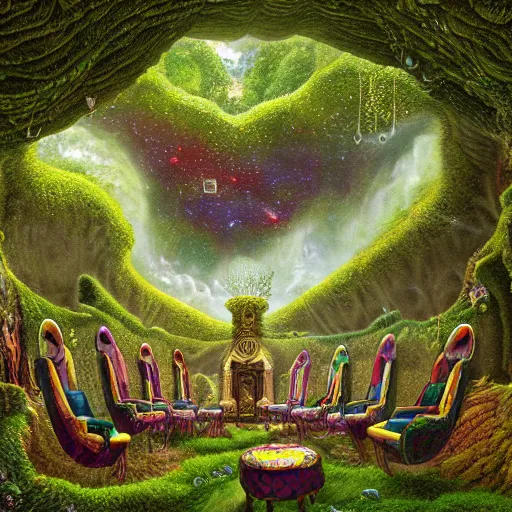 Prompt: a masterpiece matte painting of a large chair with multi-colored gemstones on top surrounded by six smaller chairs with multi-colored gemstones on their tops, set within a cave of carvings and moss cut into the side of a hill covered in grass and moss with a parted curtain of vines, set within an alien landscape by Pail Lehr and Dan Mumford and Dan Hillier, vray rendered, 8k resolution, enormous scale