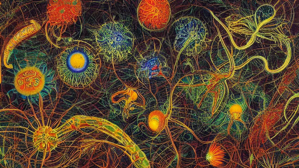 Prompt: quantum connections represented as symbiotic organisms like cells playing around with colorful lights by ernst haeckel, sharp