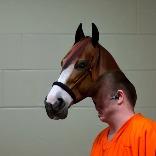 Prompt: inmate wearing horse head with orange clothes