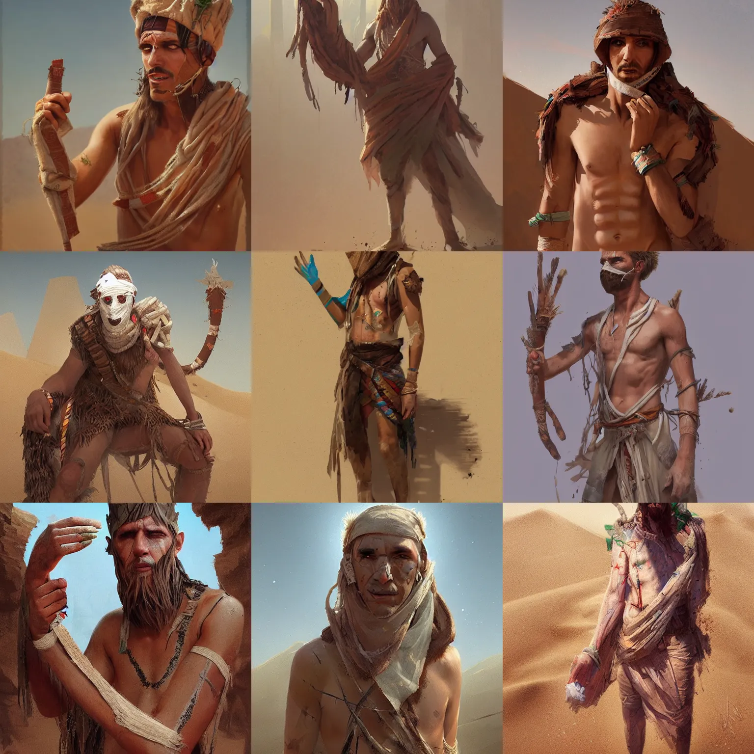 Prompt: a desert druid wearing bandages all over his body, greg rutkowski