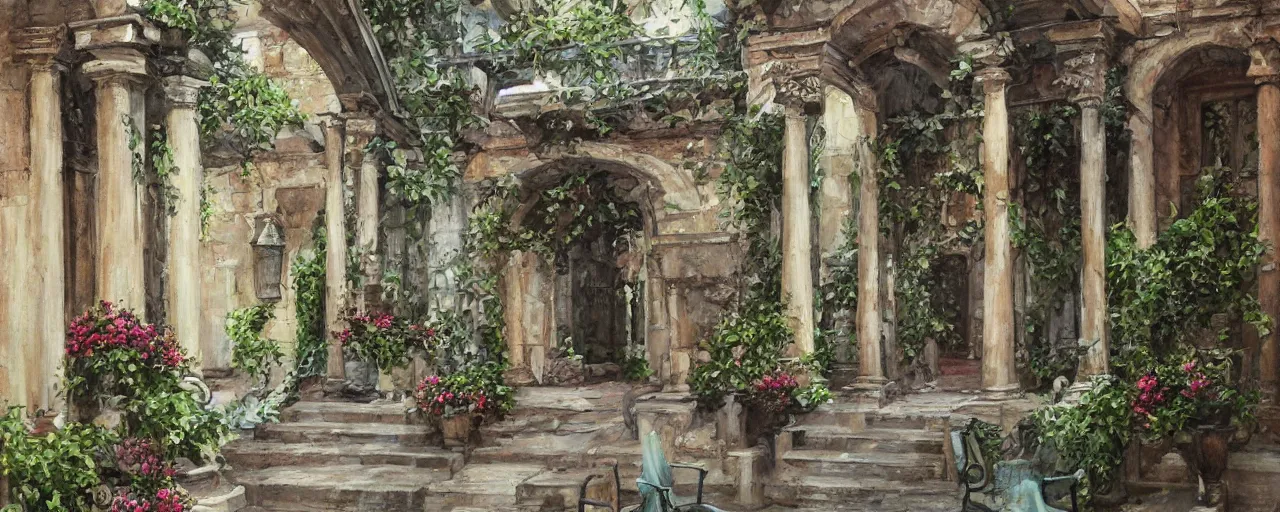 Image similar to courtyard walkway, fountain, castle, stairway, chairs, wrought iron, gate, botanic garden, botanical herbarium paper, oil colored painting, iridescent colors, realistic shaded, fine, artstation, italian style, colonnade ornate headdress, craving, carved, insanely detailed