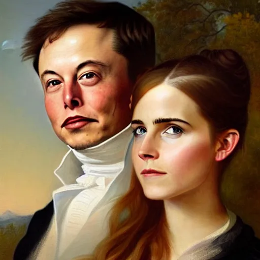 Prompt: elon musk ( left ) and emma watson in an 1 8 5 5 painting by elisabeth jerichau - baumann. painting, oil on canvas