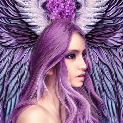 Prompt: a beautiful angel with wavy lilac hair, textured wings, symmetrical facial features, looking sad, ethereal, cyberpunk, realistic, detailed, futuristic,