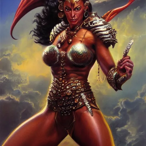 Image similar to detailed oil painting of tall hyper - muscular shining bronze - skinned warrior woman with silver eyes, riding a dragon, wearing xena armor, full body, with long wavy flowing black hair and big gold earrings, jewelry, red lipstick, makeup, feminine, volumetric lighting, dynamic composition, art by boris vallejo, heavy metal magazine