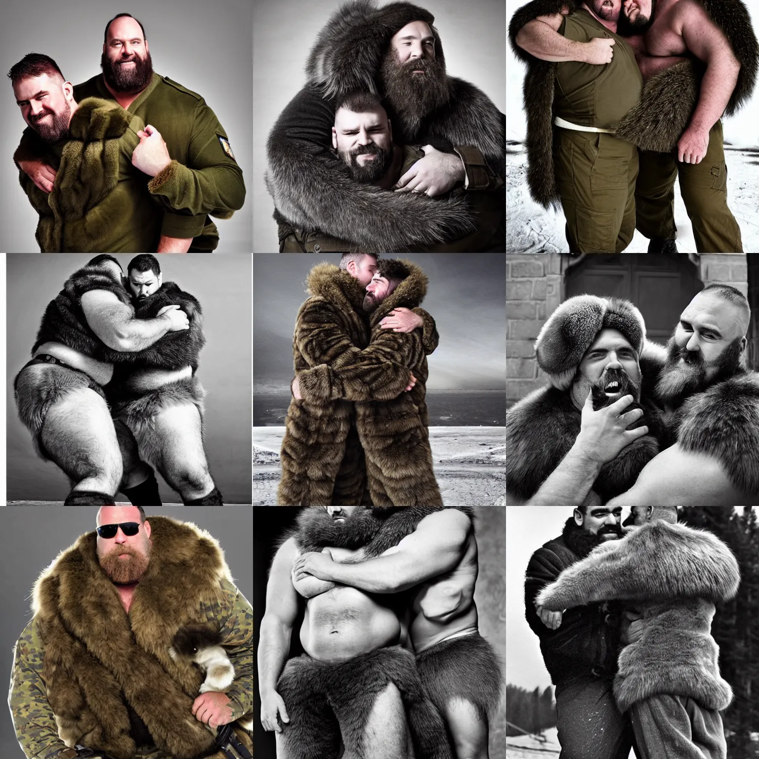 Prompt: very tall and burly strongmen covered in fur hugging while wearing military trousers, photography, highly detailed, high resolution, epic