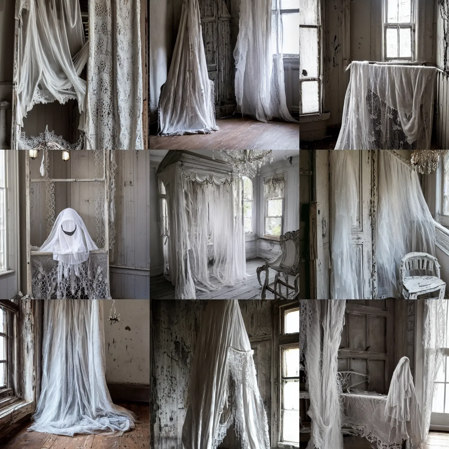 Prompt: a very cute, smol little gauzy grey ghost inside a big, dark scary haunted house. cheesecloth, worn floorboards, dusty chandelier, tambour lace