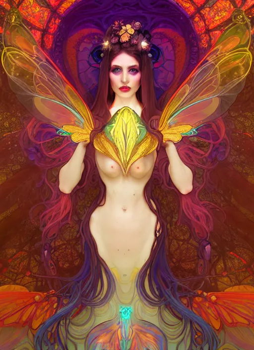 Image similar to stunningly beautiful female faerie priestess in amanita muscaria forest landscape, symmetrical wings on back, neon hair, fantasy art, wearing a dress of gossamer gold, inner glow, dark light night, sharp focus, digital painting, 4 k, concept art, by alphonse mucha, brom, face by otto schmidt,