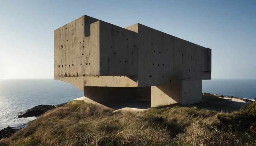 Image similar to brutalist base perched on a cliff overlooking a magnificient bay, drawing architecture, fog horizon, pritzker architecture prize, greig fraser