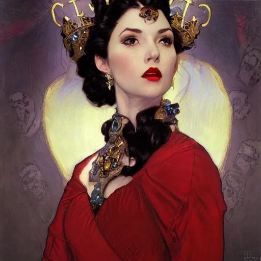 Image similar to portrait of a very beautiful queen vampire, top half of body, crown on head, pensive expression, by Stanley Artgerm Lau, greg rutkowski, thomas kindkade, alphonse mucha, loish, norman rockwell, J. C. Leyendecker. dark black hair, pale skin, detailed eyes, red lips. royalty. Trending on artstation rule of thirds extremely detailed illustration hd 4k