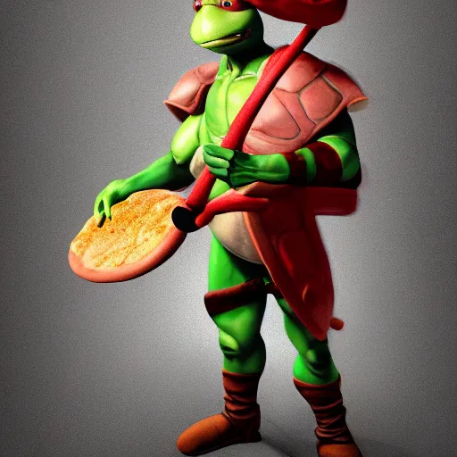 Prompt: teenage mutant ninja turtle michaelangelo holding frying pan full of doornails, wearing white chef hat, volumetric lighting, realistic, photo, artstation