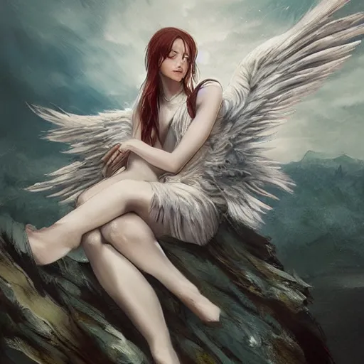 Prompt: a painting of a woman sitting on a ledge with wings, concept art by shingei, cgsociety contest winner, fantasy art, reimagined by industrial light and magic, angelic photograph, made of feathers