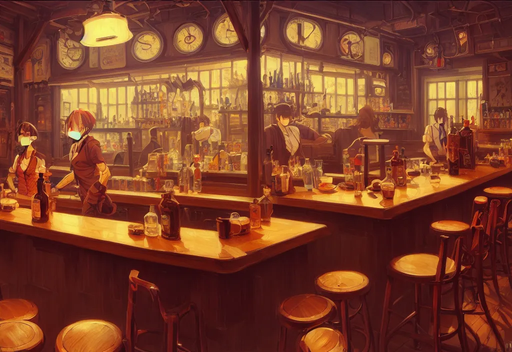 Prompt: a small empty saloon counter, intricate oil painting, high detail illustration, sharp high detail, manga and anime 1 9 9 9, official fanart behance hd artstation by jesper ejsing and makoto shinkai, 4 k,