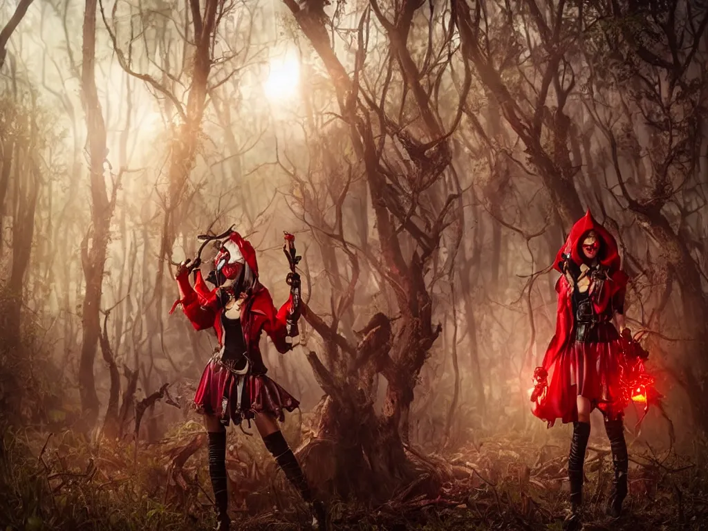 Image similar to mystical monsters in forest hunting on gamekeeper - red ridding hood. she wearing a steampunk and neonpunk mechanical fluorescent mystical animal masks. realistic fornite style. full body. product introduction photos. luminescent, elements, by stanley artgerm lau. epic cinematic shot, perfectly defined features, ambient occlusion