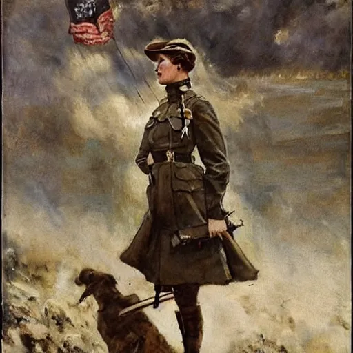 Image similar to action heroine leading a ww 1 army, by alfred stevens