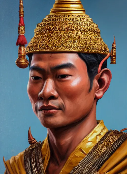 Image similar to smart ramkhamheang of sukhothai, closeup portrait, without beard and mustache, historical hero, ethnic group, tai costume, thai transitional bronze headdress, intricate, with leather armor cross on bare chest, elegant, loin cloth, highly detailed, oil painting, artstation, concept art, matte, sharp focus, illustration, hearthstone, art by earl norem