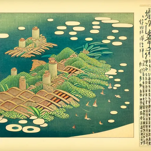 Image similar to 3d isometric botanical illustration of a small city in an island surrounded by water, diego rivera in Ukiyo-e style, HD