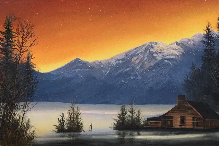 Image similar to a beautiful painting of a log cabin by a lake in front of snowcapped mountains at night. there's smoke coming from the chimney of the log cabin.