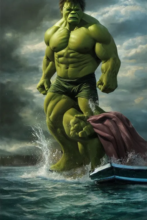 Prompt: Film Still of Hulk wearing a tutu on a boat, oil on canvas, intricate, portrait, 8k highly professionally detailed, HDR, CGsociety