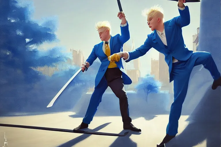 Prompt: a blond man in a blue suit with swinging a sword at an asian man, organic painting, sunny day, matte painting, bold shapes, hard edges, street art, trending on artstation, by huang guangjian, gil elvgren, ruan jia, randy vargas, greg rutkowski