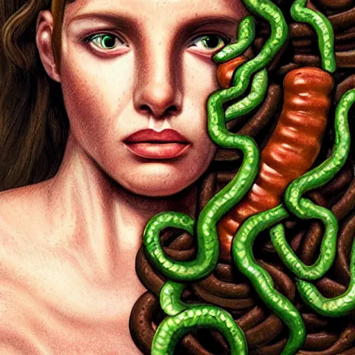 Image similar to medusa with sausages instead of snakes, sausage hair, photorealistic, illustration