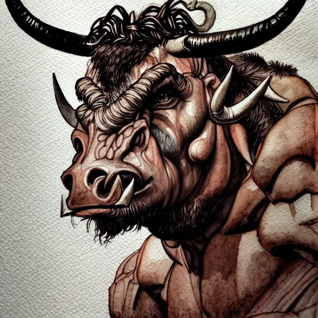 Prompt: portrait, mutant minotaur, watercolor, dramatic lighting, extremely high detail, pen and ink, intimidating, intricate line drawings, artstation, deviantart, WLOP, Pixiv