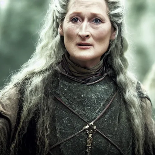 Image similar to first photos of 2 0 2 4 female lotr remake - meryl streep as denethor, ( eos 5 ds r, iso 1 0 0, f / 8, 1 / 1 2 5, 8 4 mm, postprocessed, crisp face, facial features )