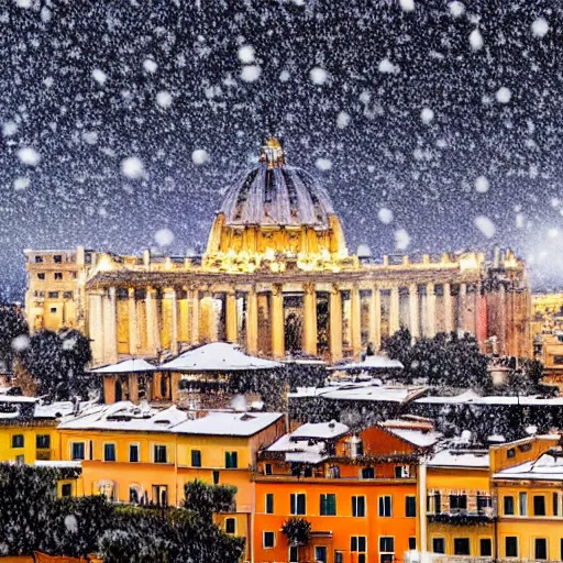 Prompt: The city of Rome under the snow on August. Although it's summer, it's snowing everywhere on the entire cityscape of Rome