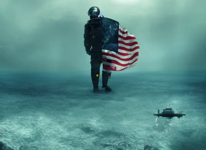 Image similar to astronaut holding a flag in an underwater desert. a submarine is visible in the distance. dark, concept art, cinematic, dramatic, atmospheric, 8 k, trending on artstation, blue, fish, low visibility, fog, ocean floor, christopher nolan, interstellar