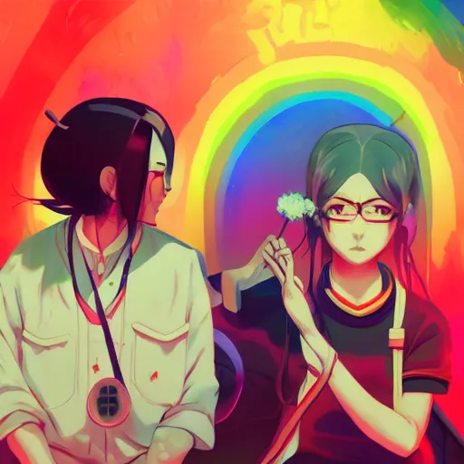 Image similar to Tanjiro Kamado and Nezuko Kamado; psychedelic; 4K; anime; artstation; art style of Ross Tran and Ilya Kuvshinov; LSD; rainbow