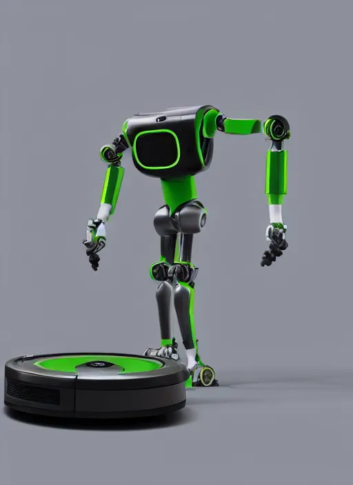 Image similar to A robot roomba standing on its own mechanical limbs, professional 3D render, studio quality, octane render