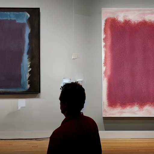 Prompt: man admiring a fake mark rothko painting hanging in a big art gallery