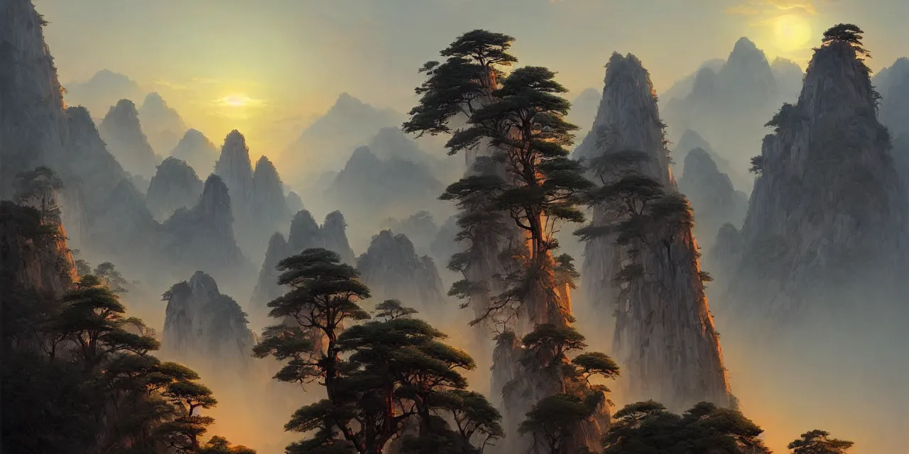 Image similar to surnatural sunset over huangshan, artwork by greg rutkowski