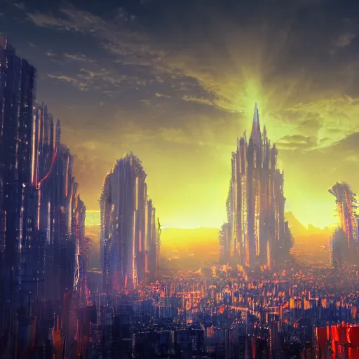 Image similar to schizophrenia hell city world has a detailed heavenly lit exterior with iridescent light, matte painting, concept art, dramatic lighting, golden hour, 4k, 8k, trending on Artstation, realistic