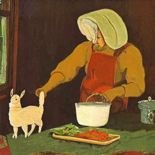 Image similar to a rabbit is cooking dinner for an alpaca in the style of gifford beal