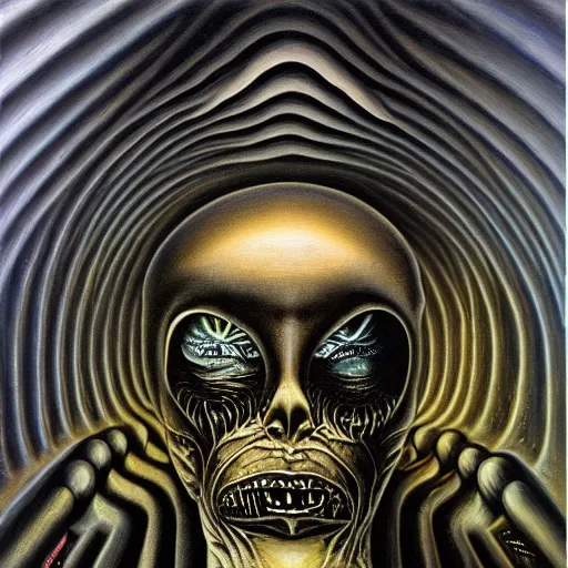 Prompt: peer into the depths of the endless cosmic void, shine a light on your fears. hr giger, oil on canvas