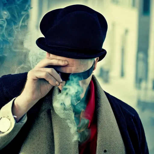 Prompt: a film still of a man wearing a long trenchcoat and hat covering his eyes, smoking a cigarette, 8k, gritty