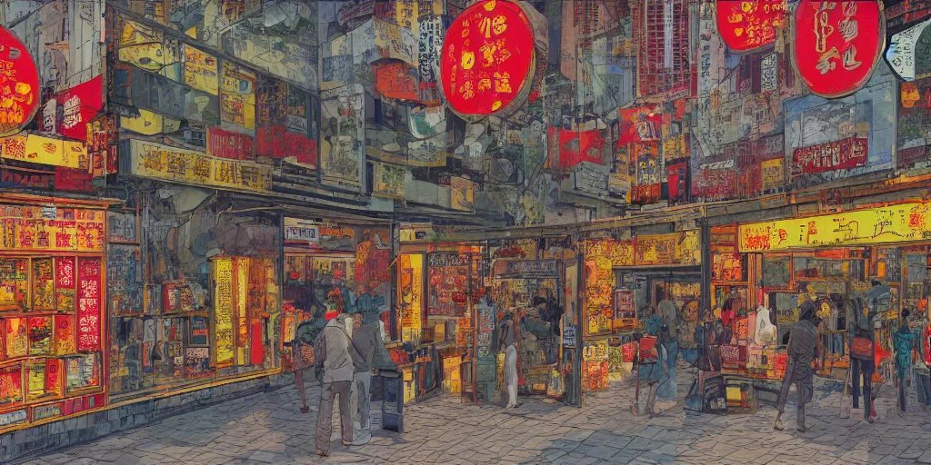 Prompt: a shop window in hong kong, by dan mumford and peter doig and edward hopper, line brush, highly detailed, muted colours, overlaid with chinese adverts, 8 k