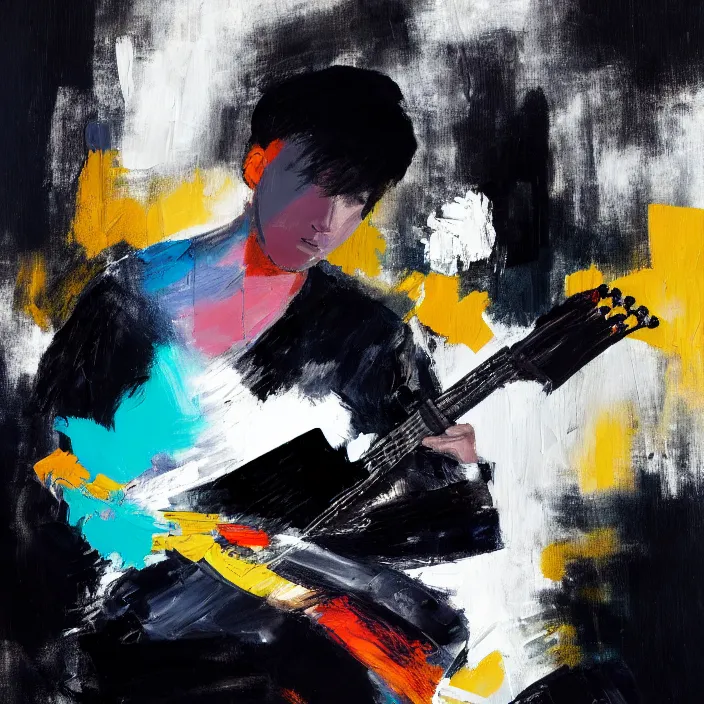 Image similar to large diagonal brush strokes, abstract dark painting of a young korean male musician wearing black tank top holding a telecaster!!! electric guitar!! in a dark room, thick flowing dramatic brush strokes, matte colors, abstract, impressionist, motion, trending on artstation