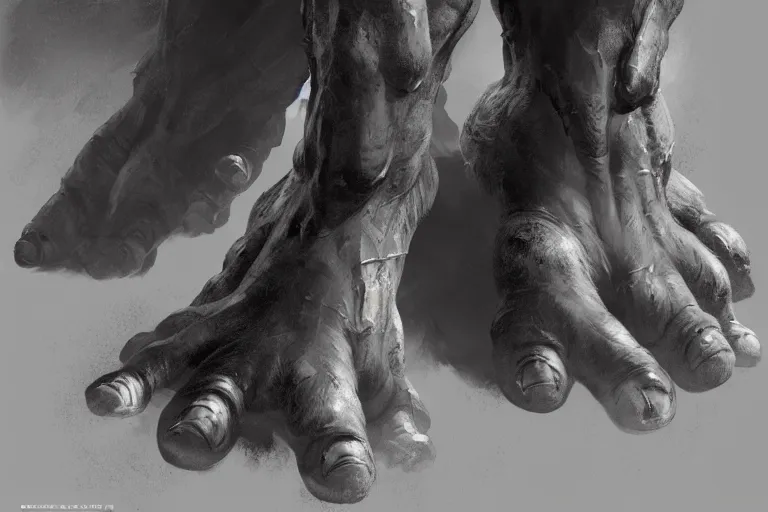 Prompt: close-up of feet of an ogre, dirty nails, concept art in style of Greg Rutkowski, painted by Frank Frazetta, trending on artstation