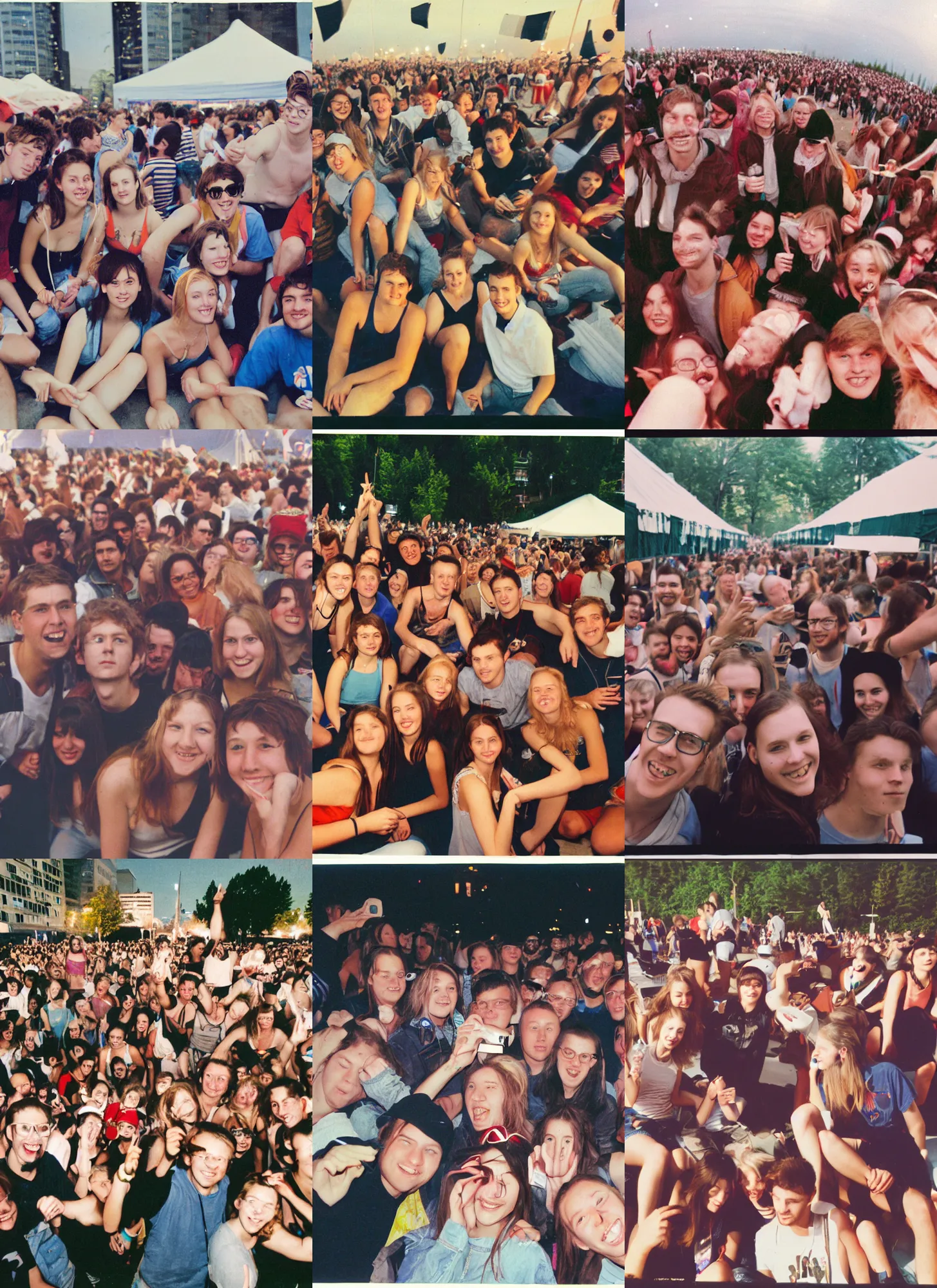 Prompt: photograph of a group of Finnish student friends hanging out at a festival, real, lower quality, detailed, Focal Length, disposable camera, 1999, nostalgia, Canada, Toronto city, college students, evening