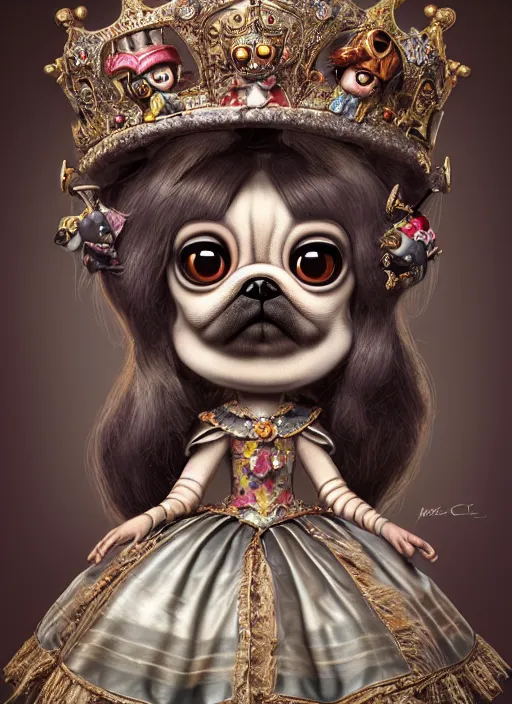 Image similar to highly detailed closeup, profile portrait of a tin toy goth anthro pug princess wearing a crown, unreal engine, nicoletta ceccoli, mark ryden, earl norem, lostfish, global illumination, detailed and intricate environment