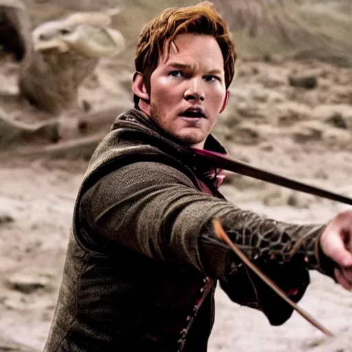 Prompt: Chris Pratt in the movie Harry Potter And The Prisoner Of Azkaban, dueling with Malfoy